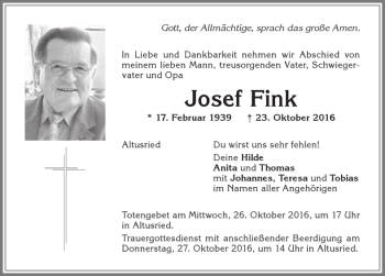 Traueranzeige von Josef Fink von Allgäuer Zeitung,Kempten