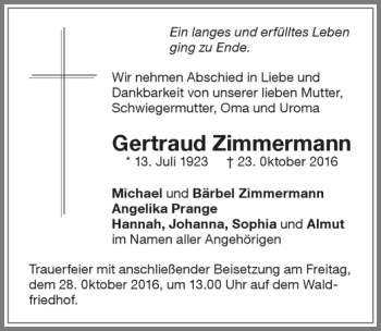 Traueranzeige von Gertraud Zimmermann von Memminger Zeitung
