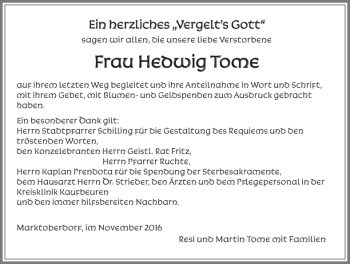 Traueranzeige von Hedwig Tome von Allgäuer Zeitung, Marktoberdorf