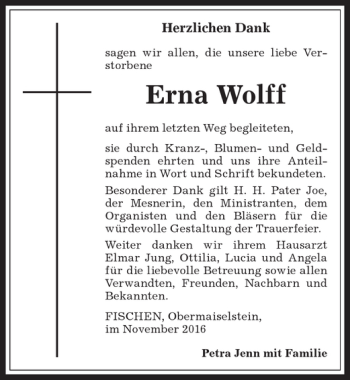 Traueranzeige von Erna Wolff von Allgäuer Anzeigeblatt