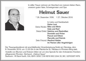 Traueranzeige von Helmut Sauer von Allgäuer Zeitung, Füssen