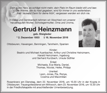 Traueranzeige von Gertrud Heinzmann von Memminger Zeitung