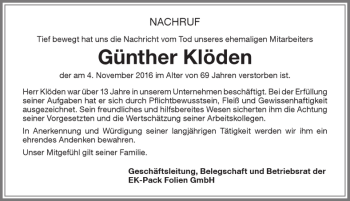 Traueranzeige von Günther Klöden von Allgäuer Zeitung,Kempten