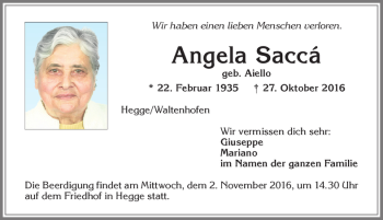 Traueranzeige von Angela Sacca von Allgäuer Zeitung,Kempten