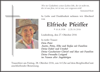 Traueranzeige von Elfriede Pfeiffer von Der Westallgäuer