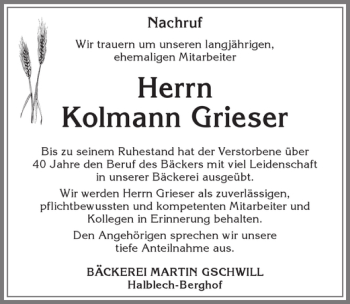 Traueranzeige von Kolmann Grieser von Allgäuer Zeitung, Füssen