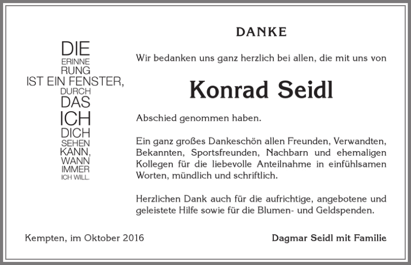  Traueranzeige für Konrad Seidl vom 08.10.2016 aus 