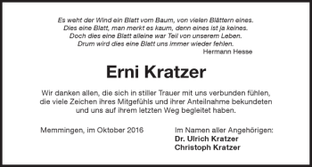 Traueranzeige von Erni Kratzer von Memminger Zeitung