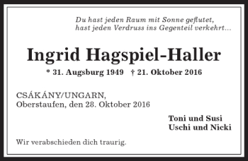 Traueranzeige von Ingrid Hagspiel-Haller von Allgäuer Anzeigeblatt