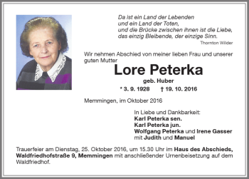 Traueranzeige von Lore Peterka von Memminger Zeitung