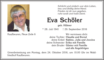 Traueranzeige von Eva Schöler von Allgäuer Zeitung, Kaufbeuren/Buchloe