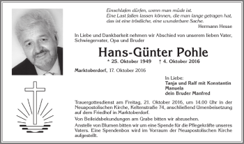 Traueranzeige von Hans-Günter Pohle von Allgäuer Zeitung, Marktoberdorf