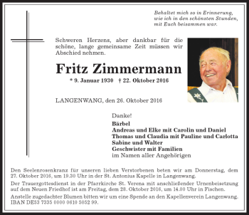 Traueranzeige von Fritz Zimmermann von Allgäuer Anzeigeblatt