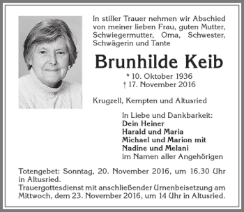 Traueranzeige von Brunhilde Keib von Allgäuer Zeitung,Kempten