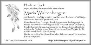 Traueranzeige von Maria Waltenberger von Allgäuer Zeitung, Füssen