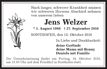 Traueranzeige von Jens Welzer von Allgäuer Anzeigeblatt