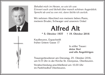Traueranzeige von Alfred Alt von Allgäuer Zeitung, Kaufbeuren/Buchloe