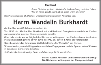 Traueranzeige von Wendelin Burkhardt von Allgäuer Zeitung, Kaufbeuren/Buchloe