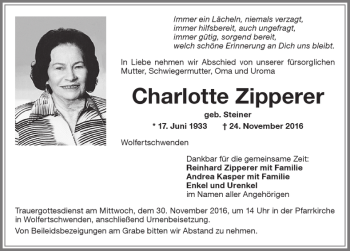 Traueranzeige von Charlotte Zipperer von Memminger Zeitung