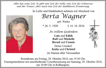 Traueranzeige von Berta Wagner von Allgäuer Zeitung, Füssen