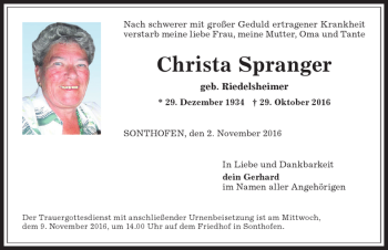 Traueranzeige von Christa Spranger von Allgäuer Anzeigeblatt