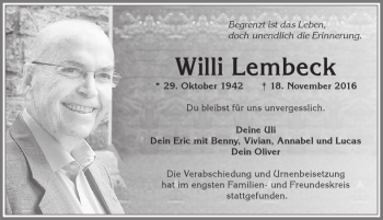 Traueranzeige von Willi Lembeck von Allgäuer Zeitung, Kaufbeuren/Buchloe