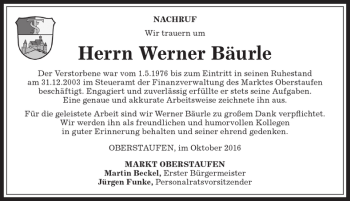 Traueranzeige von Werner Bäurle von Allgäuer Anzeigeblatt