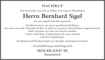 Traueranzeige von Bernhard Sigel von Der Westallgäuer