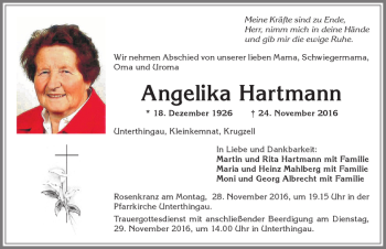 Traueranzeige von Angelika Hartmann von Allgäuer Zeitung, Marktoberdorf
