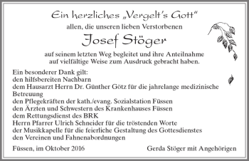 Traueranzeige von Josef Stöger von Allgäuer Zeitung, Füssen