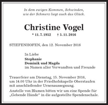 Traueranzeige von Christine Vogel von Allgäuer Anzeigeblatt