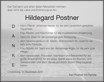 Traueranzeige von Hildegard Postner von Der Westallgäuer