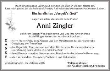 Traueranzeige von Anni Zingler von Allgäuer Zeitung, Kaufbeuren/Buchloe