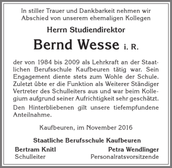 Traueranzeige von Bernd Wesse von Allgäuer Zeitung, Kaufbeuren/Buchloe