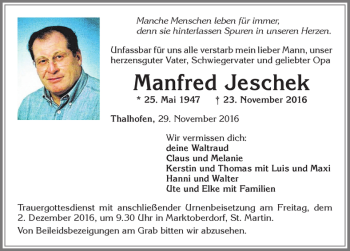 Traueranzeige von Manfred Jeschek von Allgäuer Zeitung, Marktoberdorf