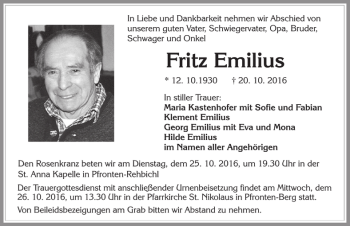 Traueranzeige von Fritz Emilius von Allgäuer Zeitung, Füssen