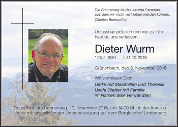 Traueranzeige von Dieter Wurm von Der Westallgäuer