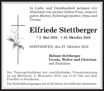 Traueranzeige von Elfride Stettberger von Allgäuer Anzeigeblatt