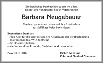 Traueranzeige von Barbara Neugebauer von Allgäuer Zeitung, Kaufbeuren/Buchloe