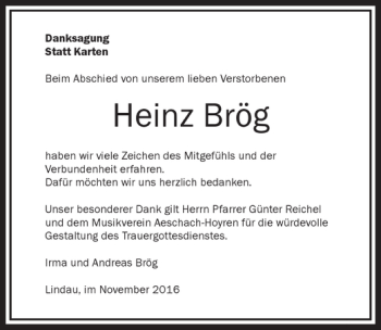 Traueranzeige von Heinz Brög von Der Westallgäuer