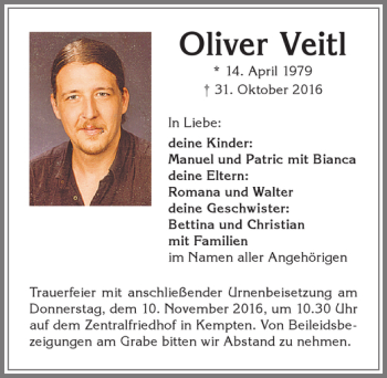 Traueranzeige von Oliver Veitl von Allgäuer Zeitung,Kempten