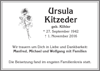 Traueranzeige von Ursula Kitzeder von Allgäuer Zeitung,Kempten