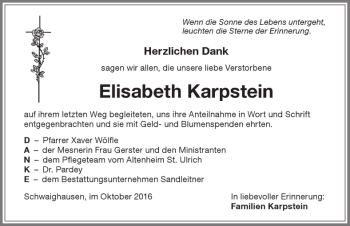 Traueranzeige von Elisabeth Karpstein von Memminger Zeitung
