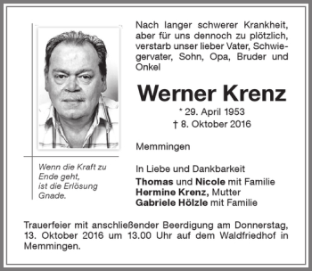 Traueranzeige von Werner Krenz von Memminger Zeitung