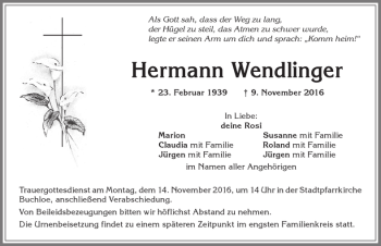 Traueranzeige von Hermann Wendlinger von Allgäuer Zeitung, Kaufbeuren/Buchloe