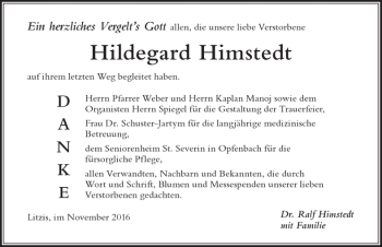Traueranzeige von Hildegard Himstedt von Der Westallgäuer