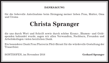 Traueranzeige von Christa Spranger von Allgäuer Anzeigeblatt