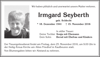 Traueranzeige von Irmgard Seyberth von Allgäuer Zeitung, Kaufbeuren/Buchloe