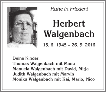 Traueranzeige von Herbert Walgenbach von Allgäuer Zeitung, Kaufbeuren/Buchloe