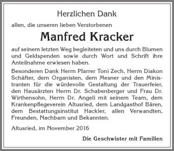 Traueranzeige von Manfred Kracker von Allgäuer Zeitung,Kempten